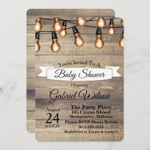 Rustic Barn Wood Edison Bulbs  Ribbon Baby Shower Invitation