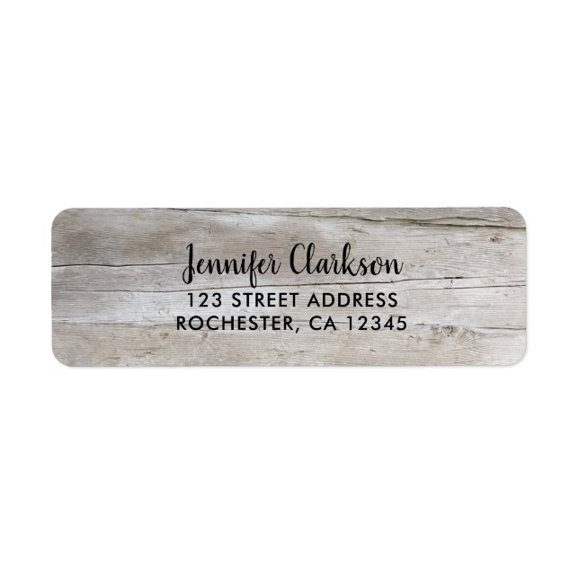 Rustic barn wood elegant script return addresss label (Front)