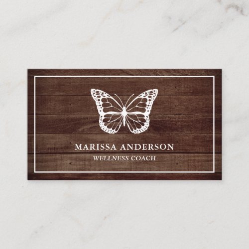Rustic Barn Wood Elegant White Butterfly Business Card