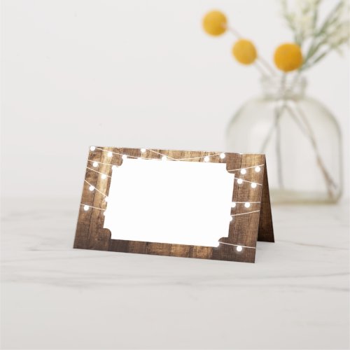 Rustic Barn Wood Fairy Lights Blank Folded Wedding Place Card