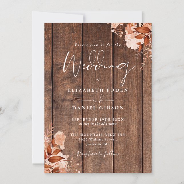 Rustic Barn Wood Fall Floral Wedding Invitation (Front)