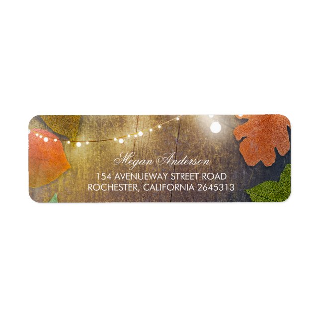 Rustic Barn Wood Fall Leaves and String Lights Label (Front)