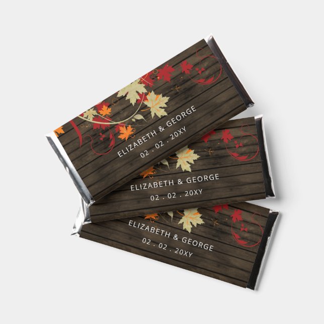 Rustic Barn wood Fall leaves Wedding Hershey Bar Favors (Front)