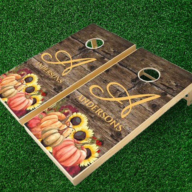 Rustic Barn Wood Fall Pumpkin Sunflower Monogram Cornhole Set (Creator Uploaded)