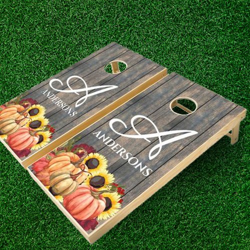 Rustic Barn Wood Fall Pumpkin Sunflower Monogram Cornhole Set