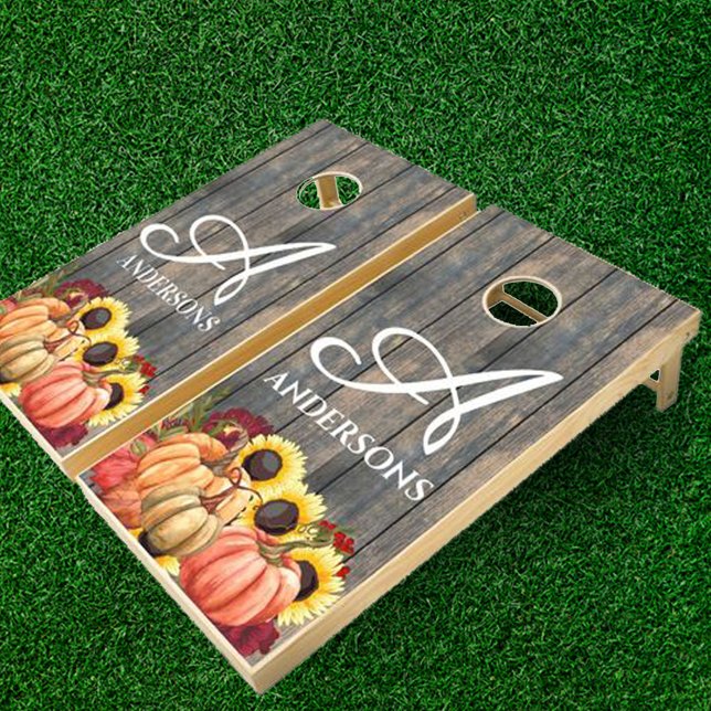 Rustic Barn Wood Fall Pumpkin Sunflower Monogram Cornhole Set (Creator Uploaded)