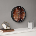 Rustic barn wood family name country clock<br><div class="desc">Rustic,  dark barn wood wall clock with large Roman numbers.
You can personalize and add your own name and year established.</div>