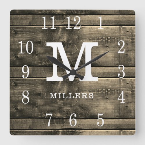 Rustic Barn Wood Family Name Monogram Farmhouse Square Wall Clock