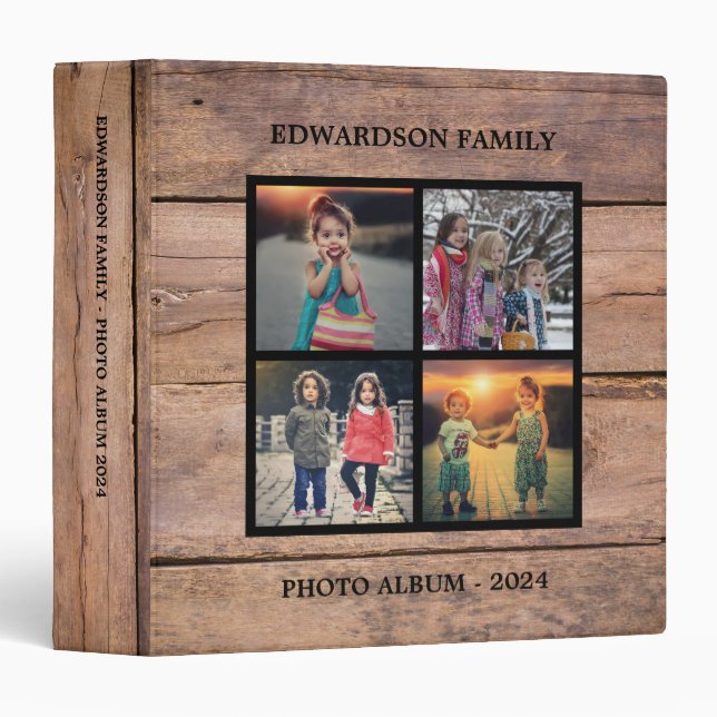 Rustic barn wood family photo collage photo album 3 ring binder (Front/Spine)