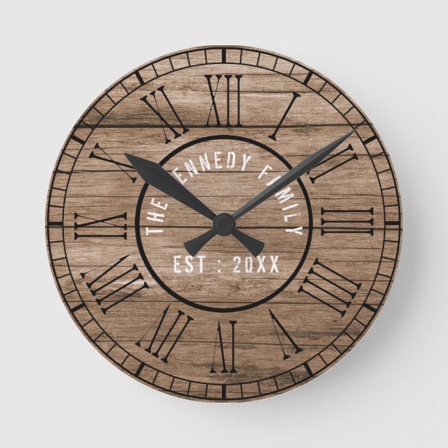Rustic Barn Wood Farmhouse Black Roman Numerals Round Clock (Front)