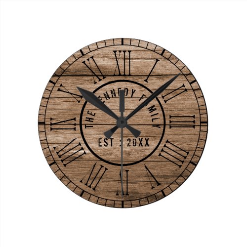 Rustic Barn Wood Farmhouse Black Roman Numerals Round Clock