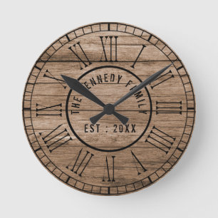 Rustic Barn Wood Farmhouse Black Roman Numerals Round Clock
