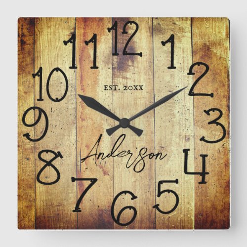 Rustic Barn Wood Farmhouse Custom Family Name Squa Square Wall Clock