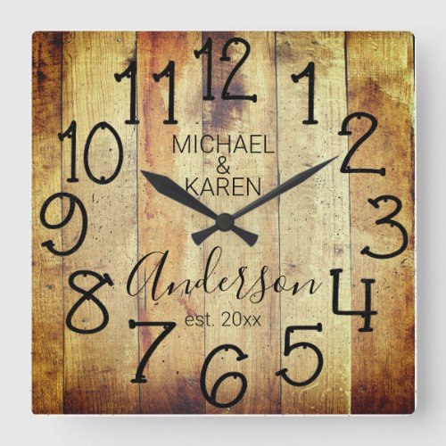 Rustic Barn Wood Farmhouse Custom Family Name Square Wall Clock