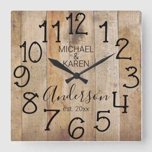 Rustic Barn Wood Farmhouse Custom Family Name Square Wall Clock