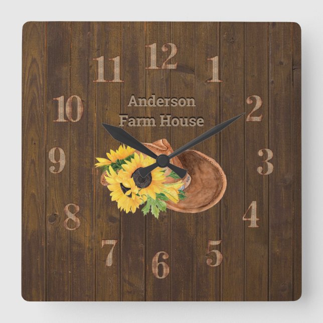 Rustic  Barn Wood Farmhouse Hat Sunflowers Square Wall Clock (Front)