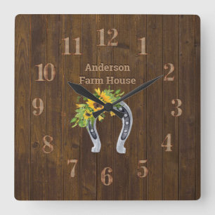 Rustic Barn Wood Farmhouse Horseshoe Sunflowers Square Wall Clock
