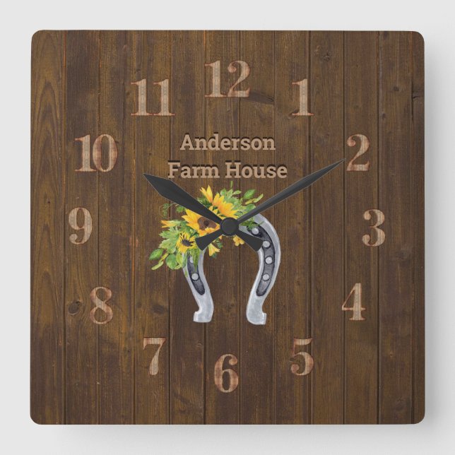 Rustic  Barn Wood Farmhouse Horseshoe Sunflowers Square Wall Clock (Front)