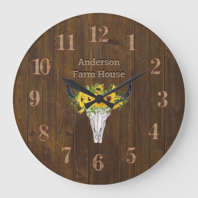 Rustic  Barn Wood Farmhouse Stag Sunflowers Large Clock (Front)