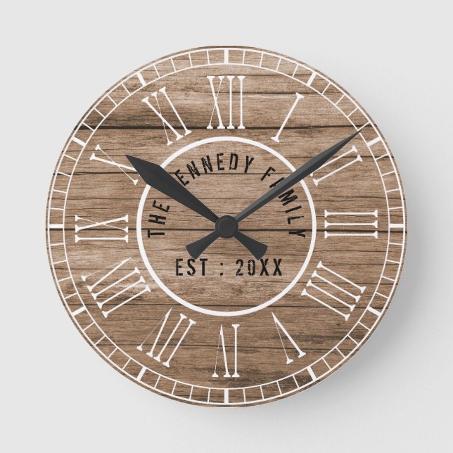 Rustic Barn Wood Farmhouse White Roman Numerals Round Clock (Front)