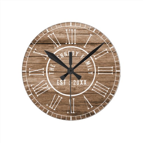 Rustic Barn Wood Farmhouse White Roman Numerals Round Clock