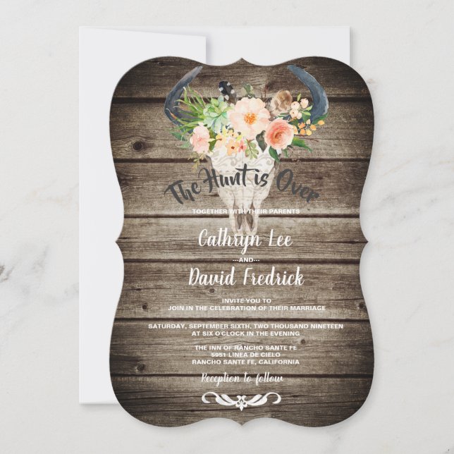 Rustic Barn Wood Floral Antler Hunt's Over Wedding Invitation (Front)