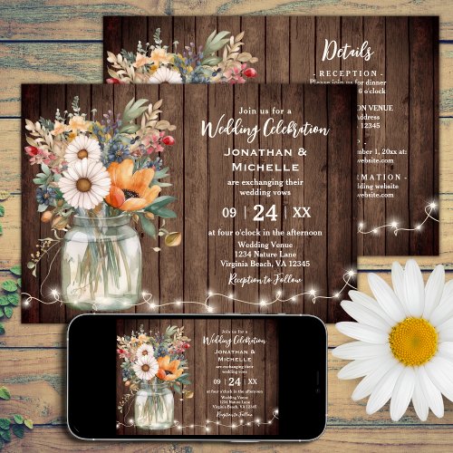 Rustic Barn Wood Floral Country All in One Wedding Invitation