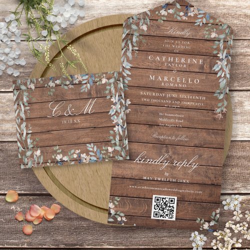 Rustic Barn Wood Floral Greenery QR Code Wedding A All In One Invitation