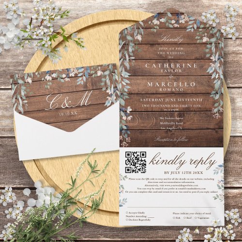 Rustic Barn Wood Floral Greenery QR Code Wedding All In One Invitation