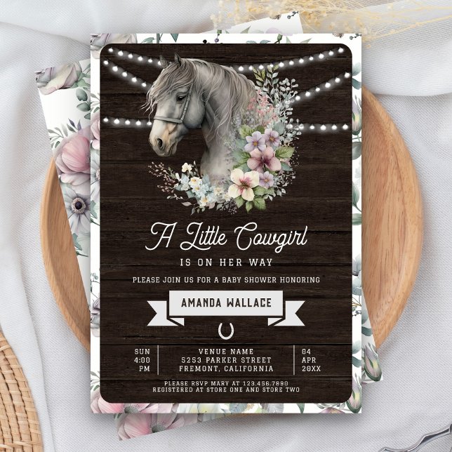 Rustic Barn Wood Floral Horse Cowgirl Baby Shower Invitation (Creator Uploaded)