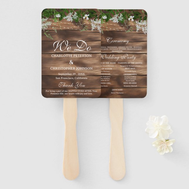Rustic  Barn Wood Floral Wedding Program Hand Fan (Front and Back)