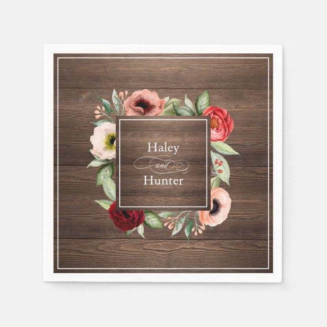 Rustic Barn Wood Floral Wedding with Names Napkins (Front)
