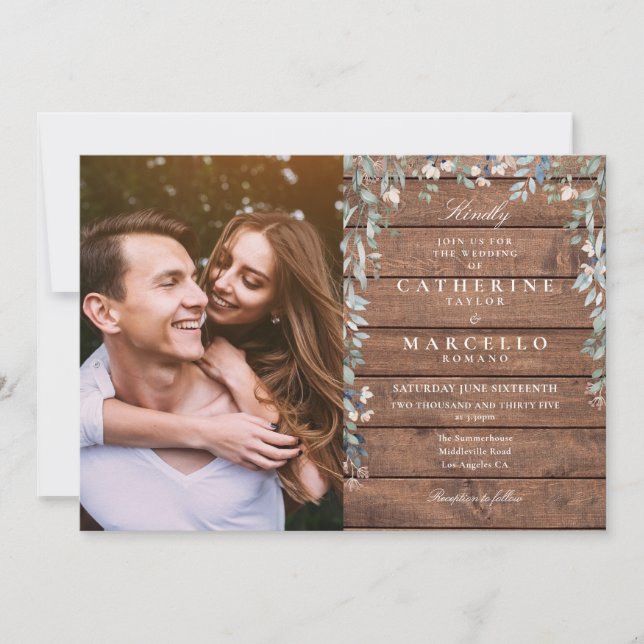 Rustic Barn Wood Floral Wildflowers Photo Wedding Invitation (Front)