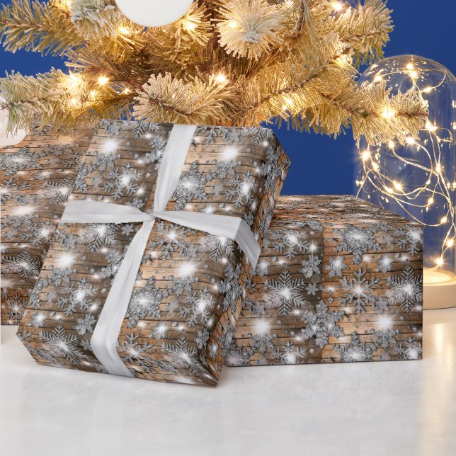 Rustic Barn Wood, frosty silver snowflakes  Wrapping Paper (Holidays)