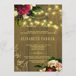 Rustic barn wood gold lights floral bridal shower invitation