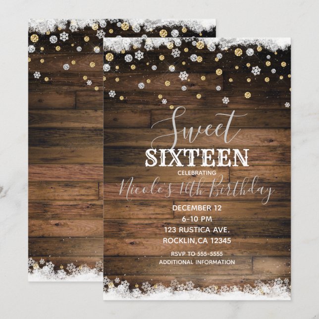 Rustic Barn Wood Gold Silver Winter Sweet 16 Party Invitation (Front/Back)