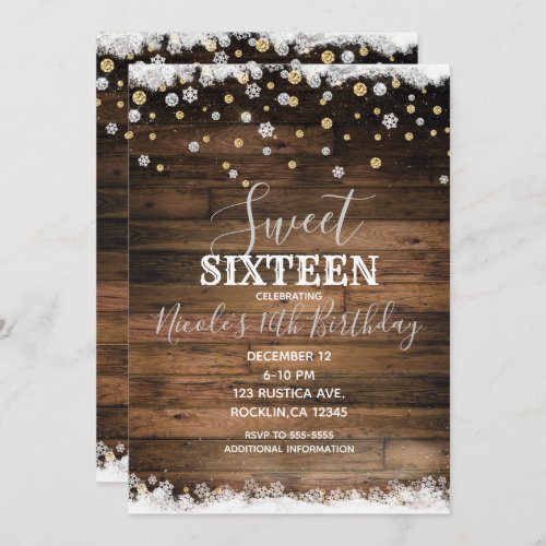 Rustic Barn Wood Gold Silver Winter Sweet 16 Party Invitation