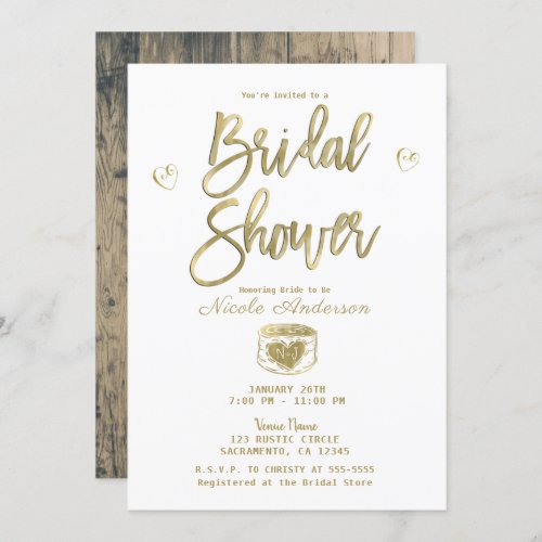 Rustic Barn Wood Gold  White Chic Bridal Shower  Invitation