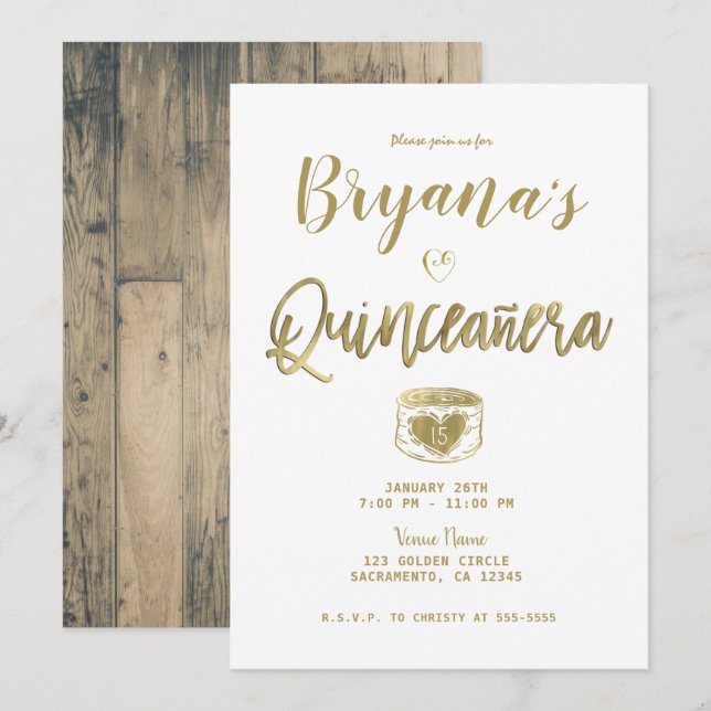 Rustic Barn Wood Gold White Chic Quinceañera 15   Invitation (Front/Back)