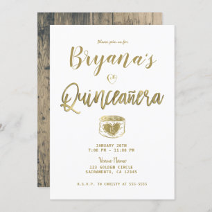 Rustic Barn Wood Gold White Chic Quinceañera 15 Invitation
