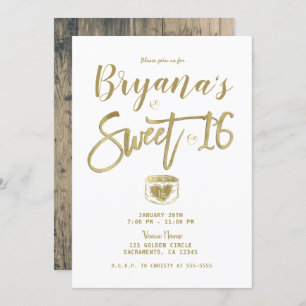 Rustic Barn Wood Gold & White Chic Sweet 16 Party Invitation