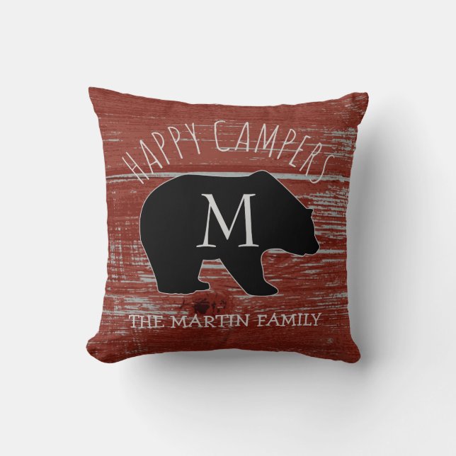 Rustic Barn Wood | Happy Campers Bear Monogram Throw Pillow (Front)