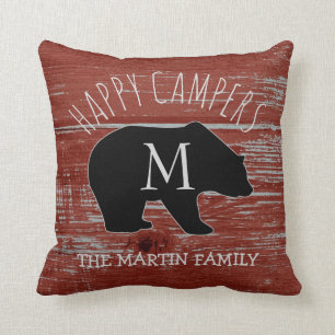 Rustic Barn Wood Happy Campers Bear Monogram Throw Pillow