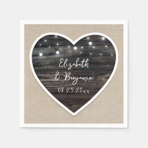 Rustic Barn Wood Heart String Lights Wedding Napkins