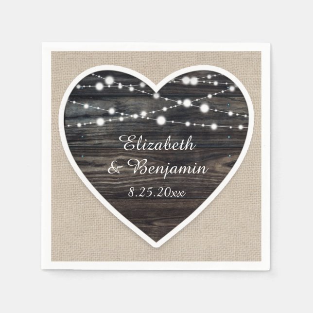 Rustic Barn Wood Heart String Lights Wedding Napkins (Front)