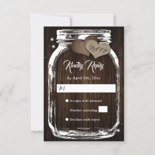 Rustic Barn Wood Hearts Mason Jar Wedding RSVP Card