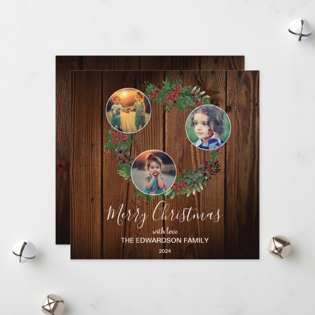 Rustic barn wood holly Merry Christmas photo Holid Holiday Card (Front/Back In Situ)