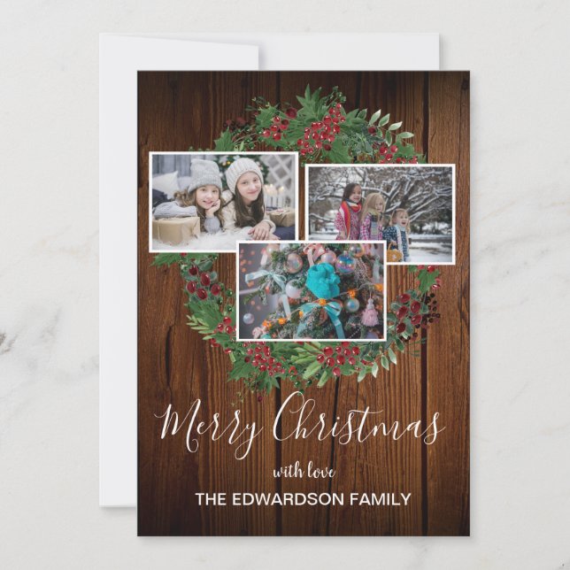 Rustic barn wood holly Merry Christmas photo Holiday Card (Front)
