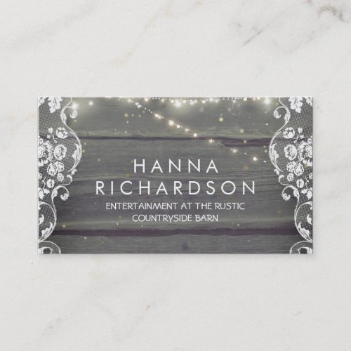 Rustic Barn Wood Lace and String Lights Business Card - Enchanted string lights, rustic barn wood and white vintage lace business cards