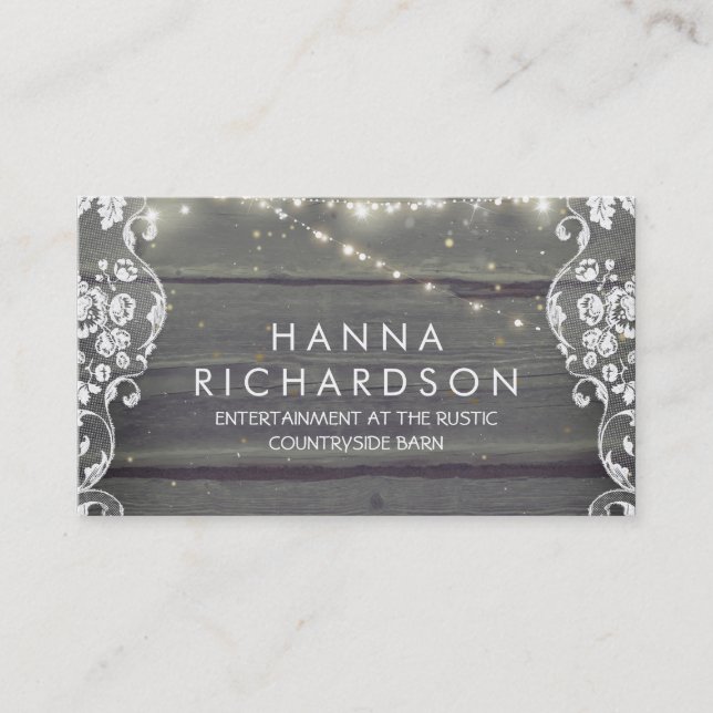 Rustic Barn Wood Lace and String Lights Business Card (Front)